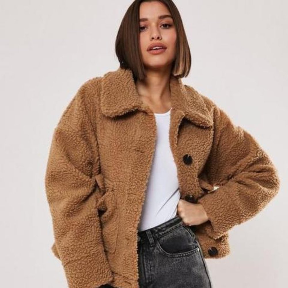 Missguided | Tan Cropped Borg Teddy Trucker Jacket